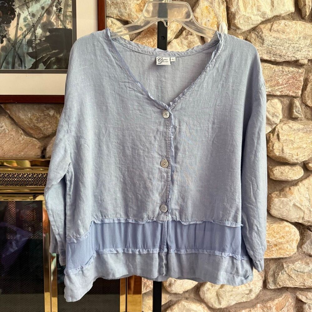 Christine Damen women’s 100% Linen rayon  button-up v-neck ruffled/sheer bottom